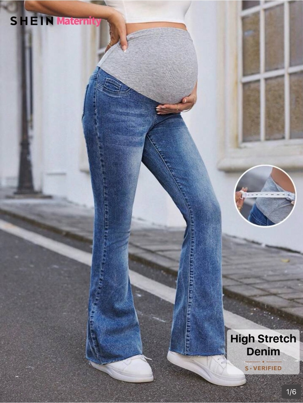 Maternity flare Jeans with Grey Knit Waistband - Blue